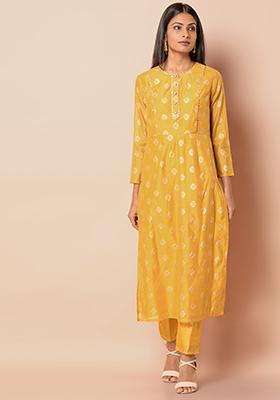 Set of Mustard Chanderi Kurta with Fitted Pants