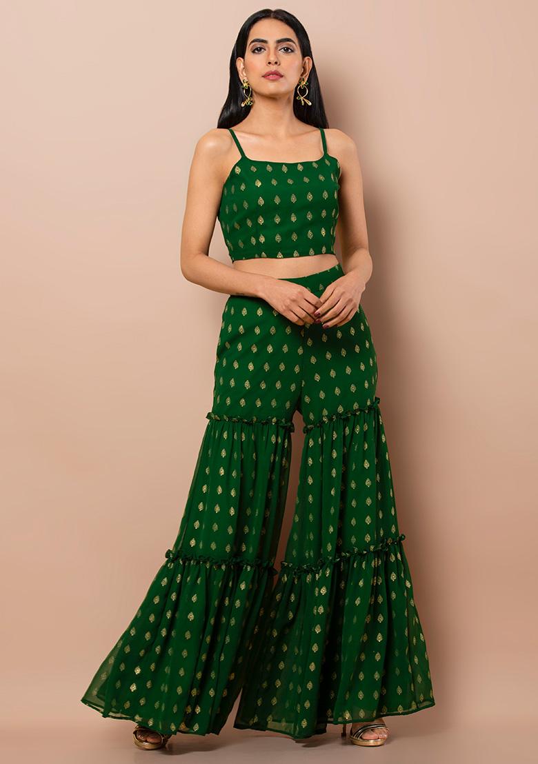 Buy Indya Green Foil Tiered Drawstring Strappy Dress online