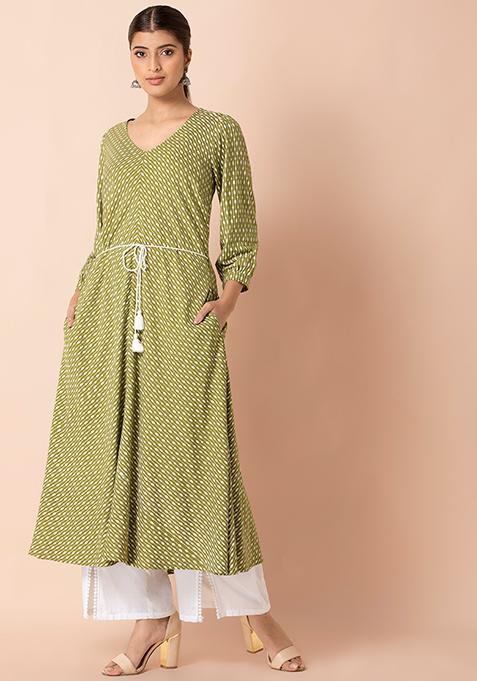 Olive White Striped A-Line Tunic and Palazzo Pants Set 