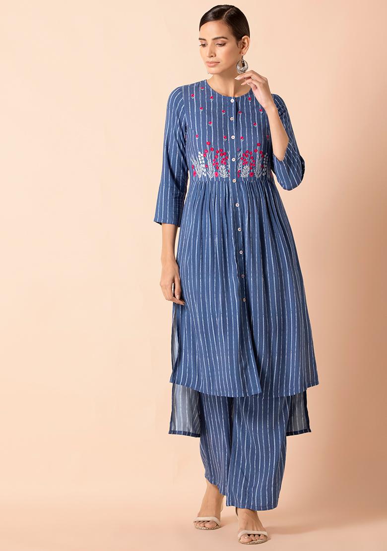 Buy Women Blue Striped Embroidered High Low Tunic And Palazzo Pants Set -  Sets - Indya