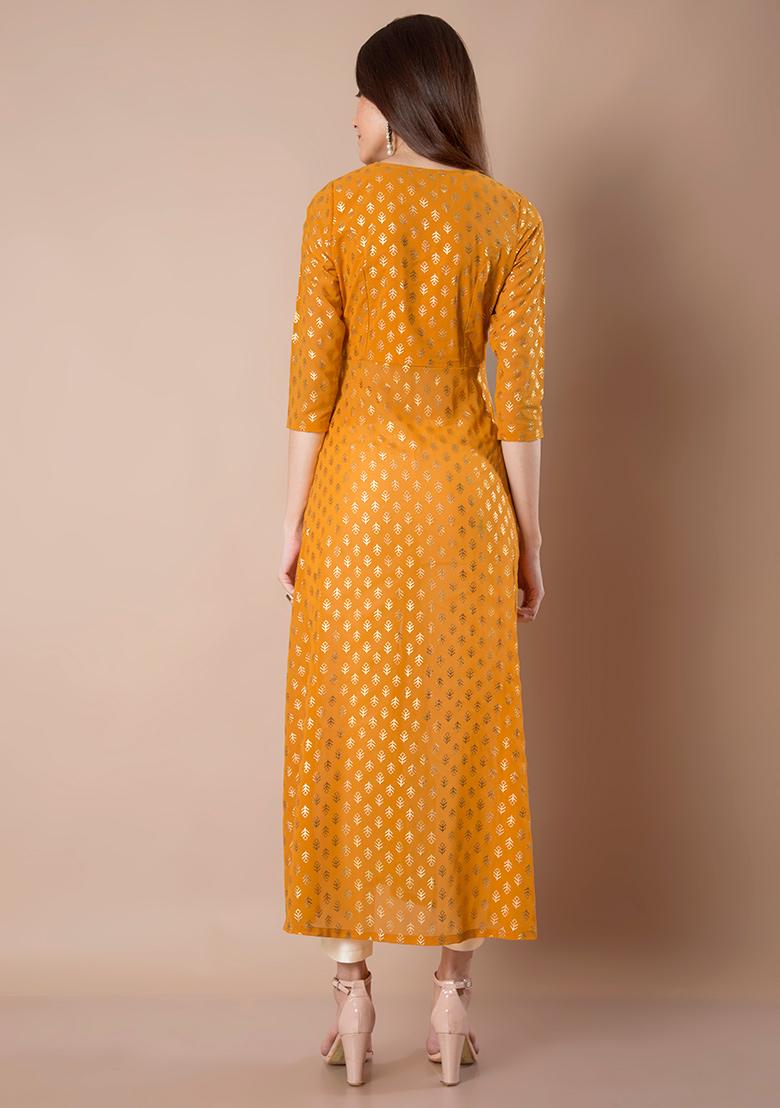 Buy Women Foil Print Maxi Kurta - Mustard - All Year Festive - Indya
