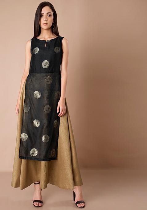 Buy Women Double Layer Silk Maxi Tunic - Black Gold Foil - Layered ...