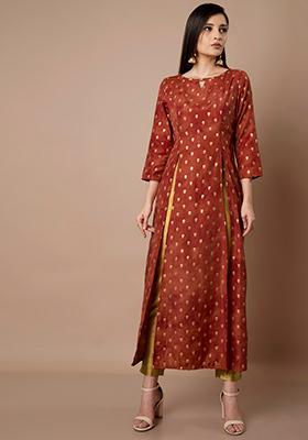 Rust Foil Print Double Slit Maxi Kurta