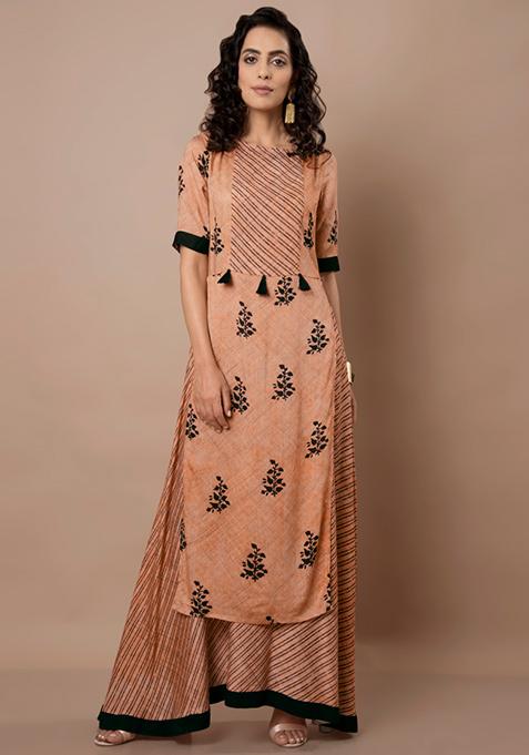 Buy Women Peach Mix Match Kurti With Attached Skirt - RTW - Indya