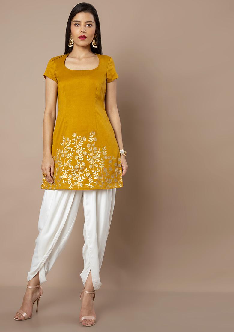 Buy Women Mustard Border Leaf Foil Short Kurti - Cocktail Wear - Indya