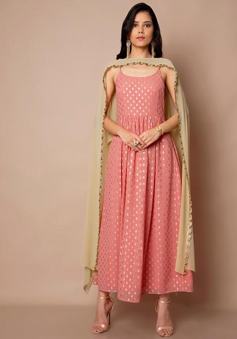 Pink Strappy Georgette Kurta With Attached Dupatta 