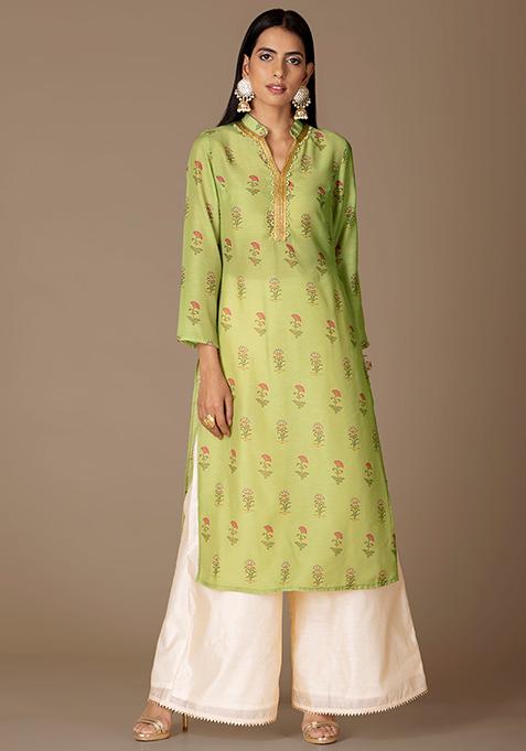 Buy Women Mint Botanical Straight Kurta - RTW - Indya