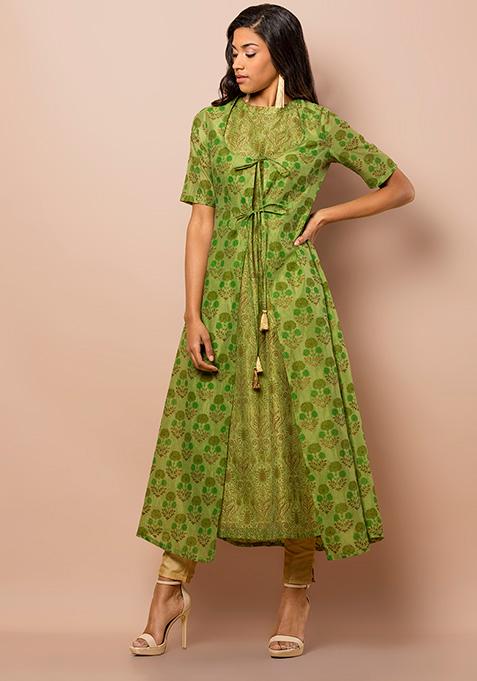 Green Printed Kurta With Attached Jacket