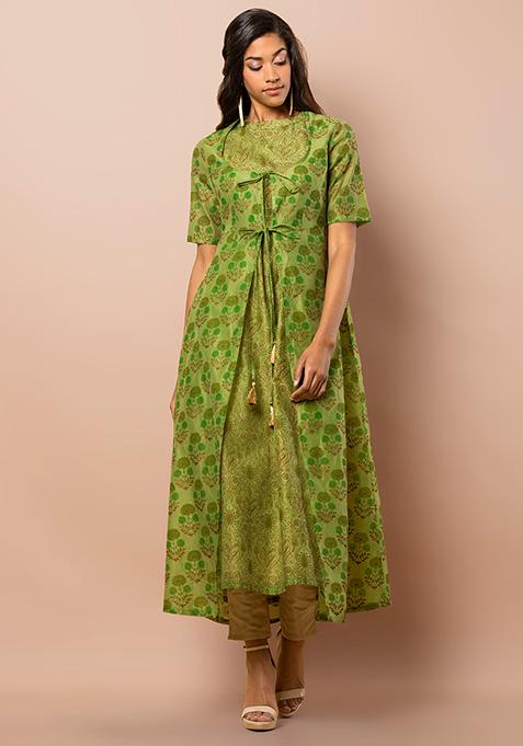 Buy Women Green Printed Kurta With Attached Jacket - RTW - Indya