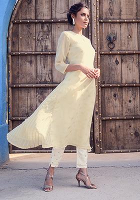 Buy Off White Silk Chanderi Straight Long Kurta Dress Set With OffWhite  Thread And Mirror Embroidery by Designer Kora Online at Ogaancom