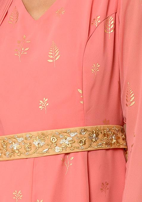 Buy Women Pink Belted Foil Kurta With Attached Dupatta - RTW - Indya