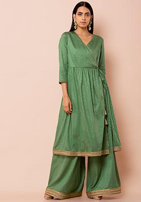 Green Embellished Angrakha Kurta