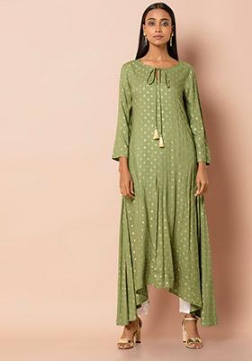 Details about   Kurta Cotton Musturd Yellow & Green A-Line High-Low Dress 3/4 Sleeve Round Neck 
