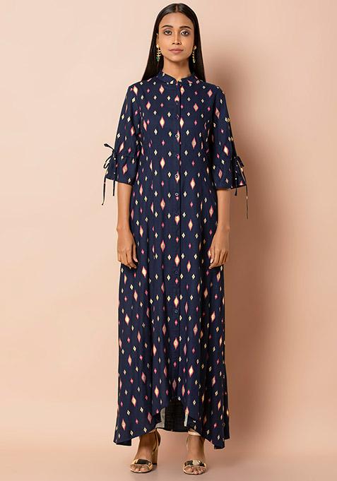 Buy Women Navy Ikat Foil Shirt Kurta - Rtw - Indya