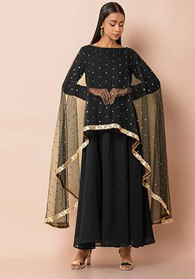 Black Embellished Kurta With Attached Net Cape