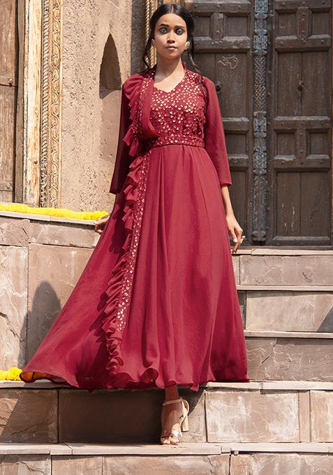 Embroidered Georgette Gown with Attached Dupatta in Magenta : TKR87-hdcinema.vn