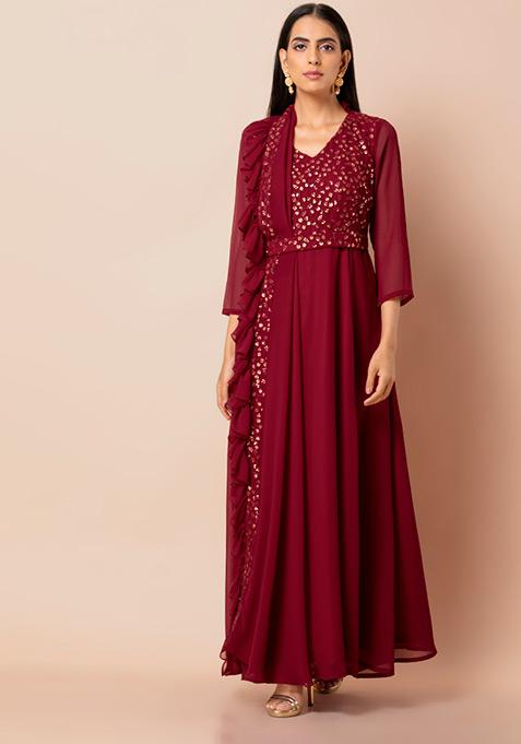 Buy Women Maroon Belted Anarkali Kurta With Attached Dupatta - RTW - Indya