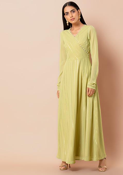 Buy Women Lime Green Foil Churi Sleeve Angrakha Kurta - RTW - Indya