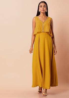 Yellow Double Layer Kurta with Attached Dotted Cape 