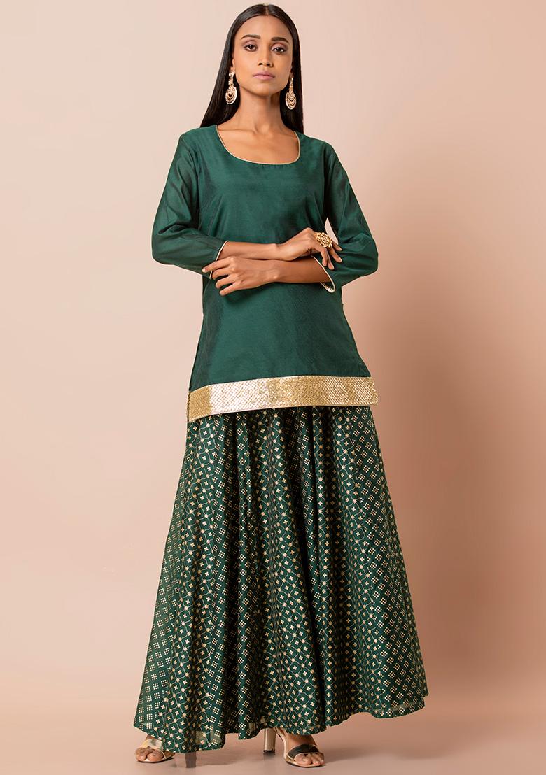 Green Chanderi Sequined Hem Short Kurti  - Indya