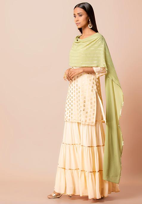 Ivory Short Kurti with Attached Green Foil Striped Dupatta 