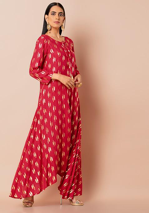 Buy Women Pink Ikat Foil High Low Kurta - Foil Print Clothing - Indya