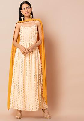 Ivory Foil Strappy Kurta with Attached Mustard Dupatta 