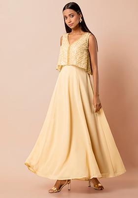 Beige Maxi Kurta with Attached Sequinned Cape 