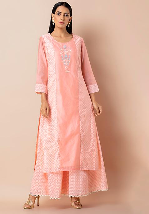 Peach Chanderi Embroidered Panel Kurta