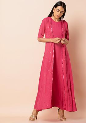 Pink Viscose Embroidered Jacket Kurta 