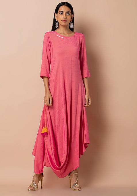 Buy Women Pink Side-Tie Cowl Hem Kurta - RTW - Indya