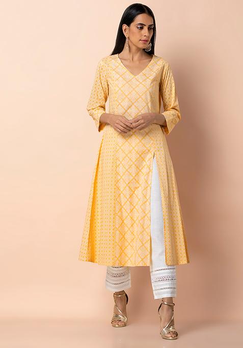 Buy Women Yellow Khadi Print Cotton Side Slit Kurta - RTW - Indya