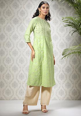 Green Embroidered Cotton A-Line Kurta