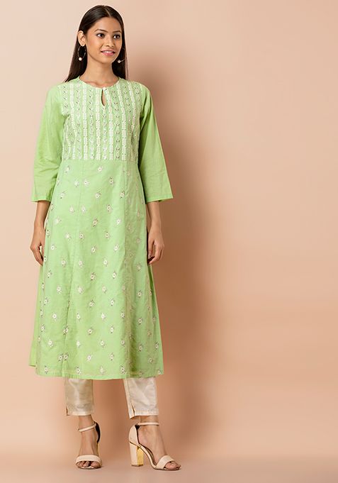 Buy Women Green Embroidered Cotton A-Line Kurta - Exclusive Deals - Indya