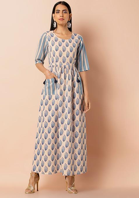 Ivory Blue Cotton Printed Maxi Kurta with Patch Pockets 