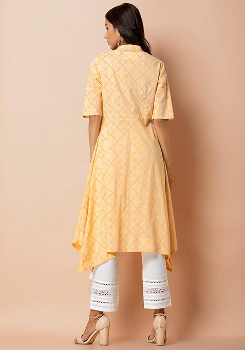 Buy Women Yellow Printed Cotton High Low Kurta - Cocktail Wear - Indya