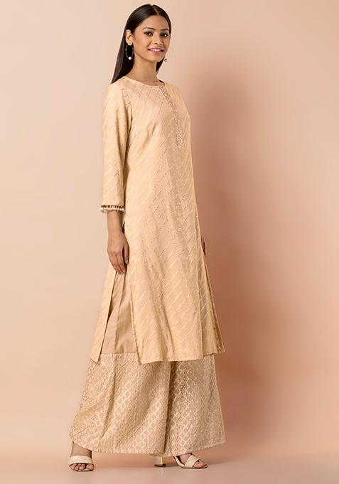 Buy Women Beige Banarasi Chanderi Straight Kurta - RTW - Indya