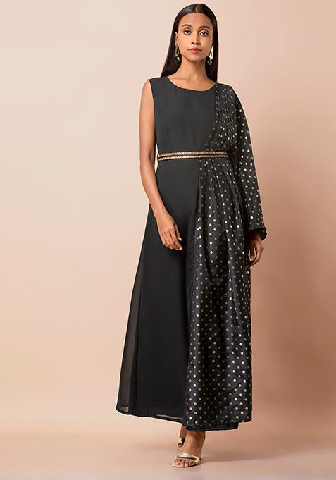 Black Foil One Sleeve Maxi Kurta with Side Dupatta 