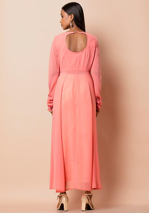 Buy Women Pink Churidar Sleeve Embroidered High Slit Kurta - Feed ...