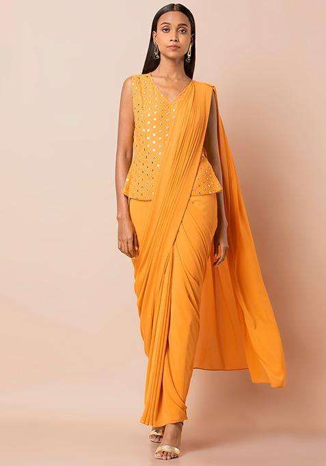 Mustard Peplum Pre-Stitched Saree with Attached Blouse 