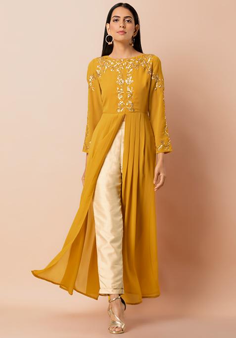 Buy Women Mustard Embroidered High Slit Maxi Kurta - RTW - Indya