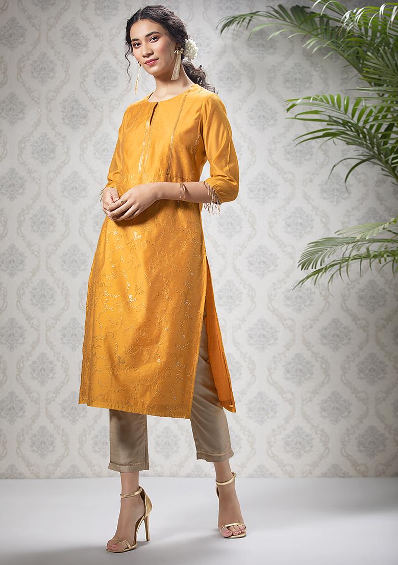 Buy Indya Yellow Pink Short Kurti And Sharara Pants Set (Set of 2) online
