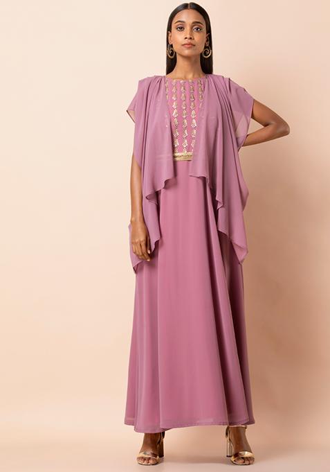 Pink Embroidered Maxi Kurta with Attached Belted Jacket