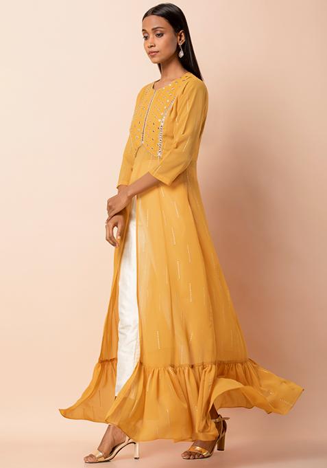 Buy Women Mustard Embellished Ruffled High Slit Kurta - RTW - Indya