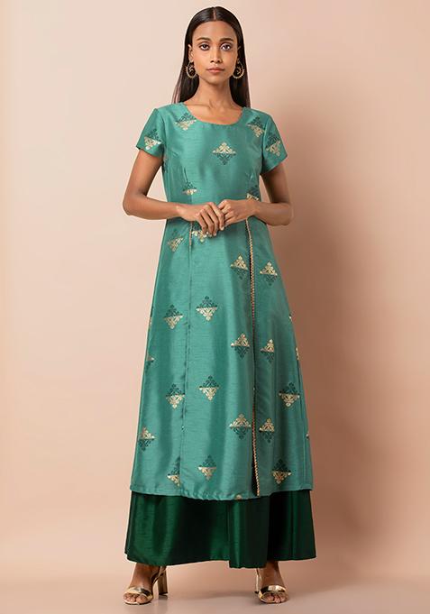 Buy Women Green Layered Embellished Double Slit Kurta - Exclusive Deals ...