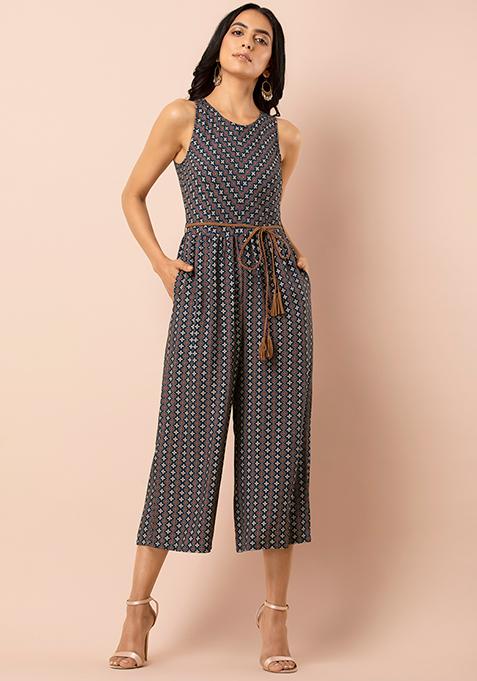 Buy Women Maroon Navy Belted Culotte Jumpsuit With Side Pockets - RTW ...