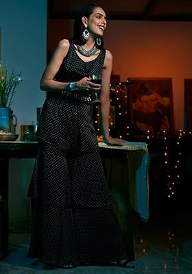 Black Dotted Front Slit Short Kurti with Attached Fringe Belt