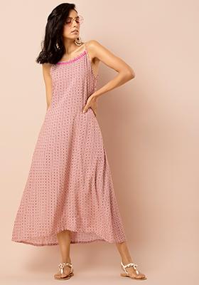 Pink Printed Mirror Lace High Low Strappy Kurta 