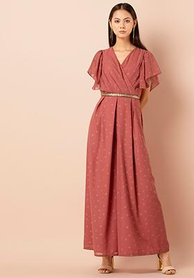 Coral Foil Flared Sleeve Jumpsuit with Attached Belt 