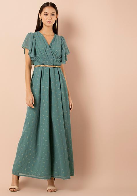 Teal Foil Flared Sleeve Jumpsuit with Attached Belt 
